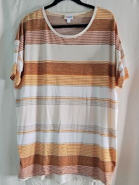 LuLaRoe Irma Short-Sleeve Striped Tee in Brown, White, and Yellow